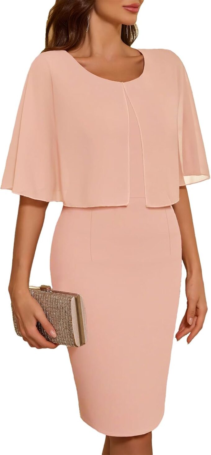 Women's Wedding Guest Cape Dress Cocktail Party Formal Chiffon Dresses