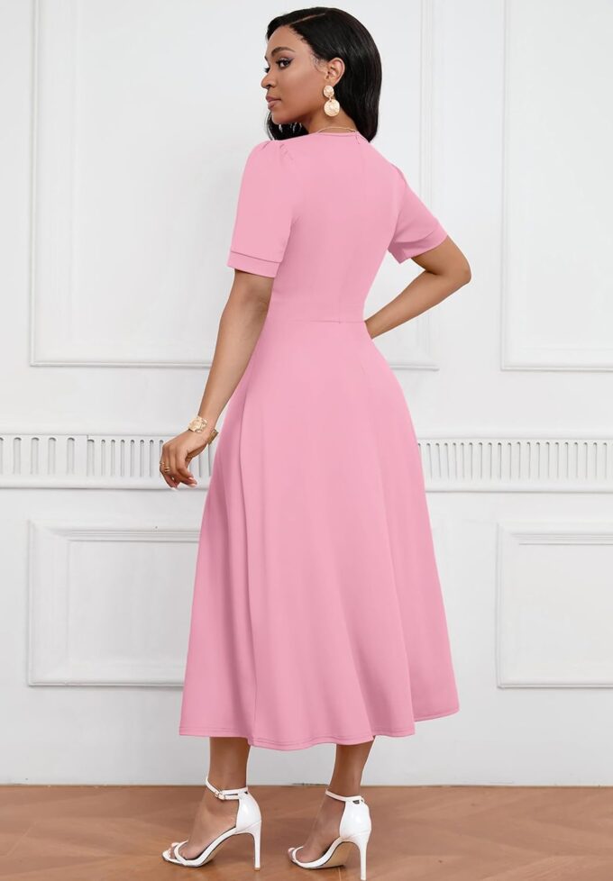 Womens Midi Dresses V Neck Cocktail Church Tea Dresses Short Sleeve A-Line Swing Dresses – Bild 4