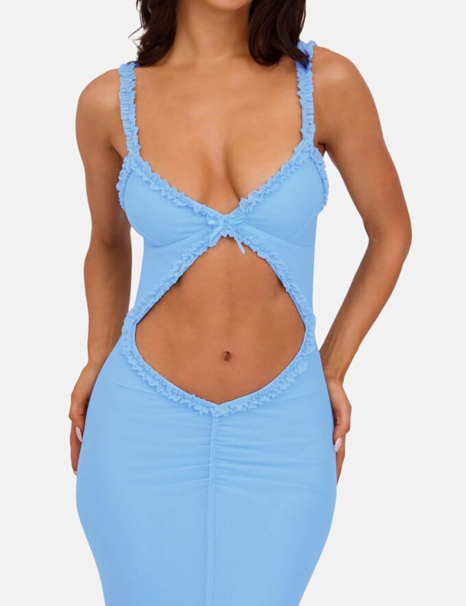 ISZPLUSH Women's Sleeveless All Mesh Dress Sexy Mini Tassel Cut Out See Through Dress High Slit Ruffle Hem Mesh Club Outfit – Bild 4