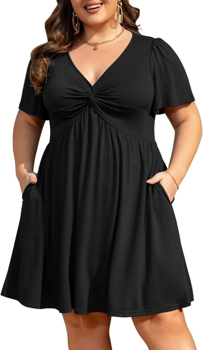 Womens Plus Size Summer Dress Casual Short Sleeves Deep V Neck Twist Knot Front Flowy Dress with Pockets