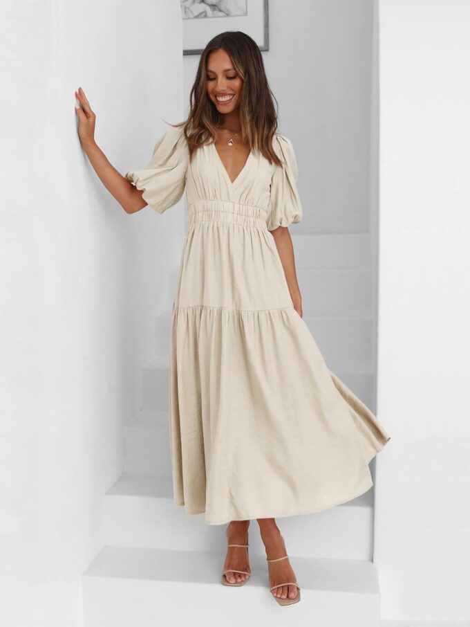 Womens Deep V Neck Puff Short Sleeve Tired Maxi Dress Flowy Swing Long Summer Dresses – Bild 3