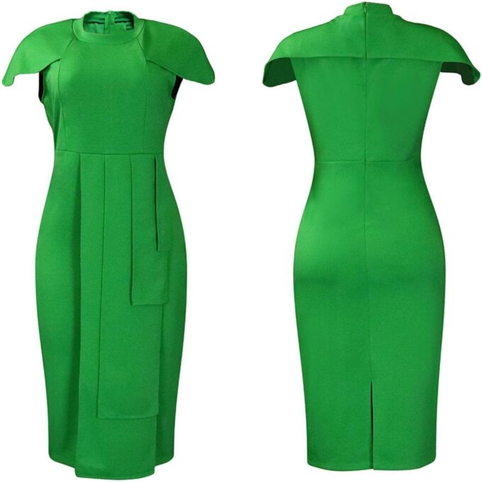 Damen Elegant Plissee Bodycon Kleid Rundhals Kurze Flügelärmel Formal Arbeit Midi Bleistiftkleid, Grün , Klein – Bild 2