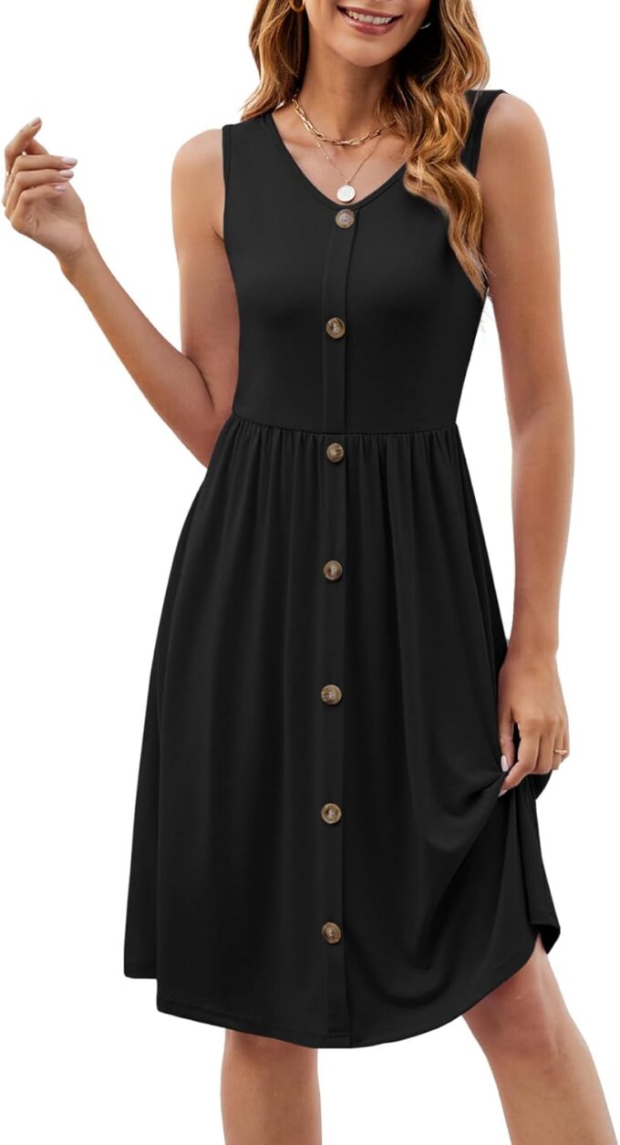 Women's Casual Summer Dress Sleeveless V-Neck A-Line Midi Length Elastic Waist Flowy Boho Beach Dresses – Bild 2