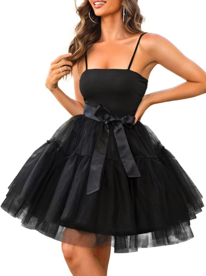 Kaei&Shi Poofy Short Tulle Dress,Spaghetti Strap Semi Formal Dresses for Women,Elegant Birthday Outfit Homecoming Cocktail