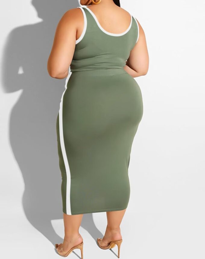 IyMoo Sexy Plus Size Dress 2 Piece Outfits Sexy Contrast Sleeveless Tank Crop Tops Bodycon Skirts Sets – Bild 3