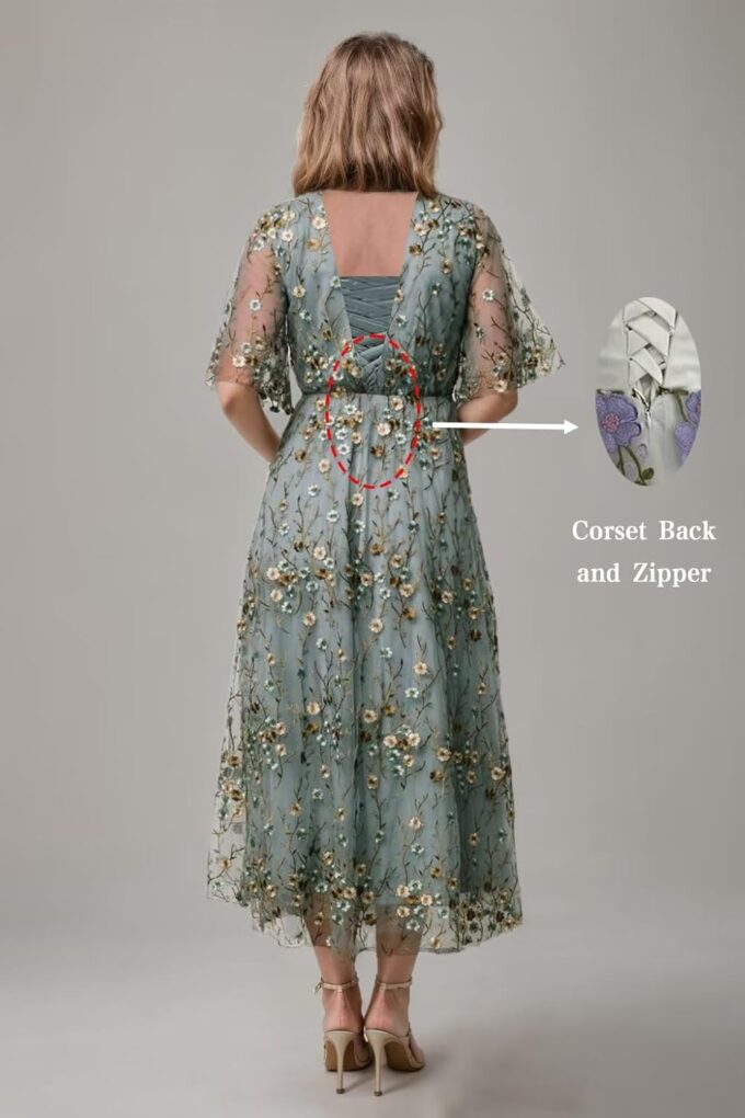 Flower Embroidery Tea Length Mother of The Bride Dresses Short Sleeves A-Line Formal Gowns for Prom Wedding Party DR0590 – Bild 4