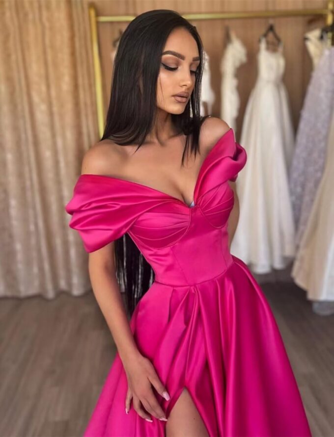 Women's Off The Shoulder Satin Prom Dress with Pockets Long Backless A-Line Formal Evening Gowns with Slit – Bild 3