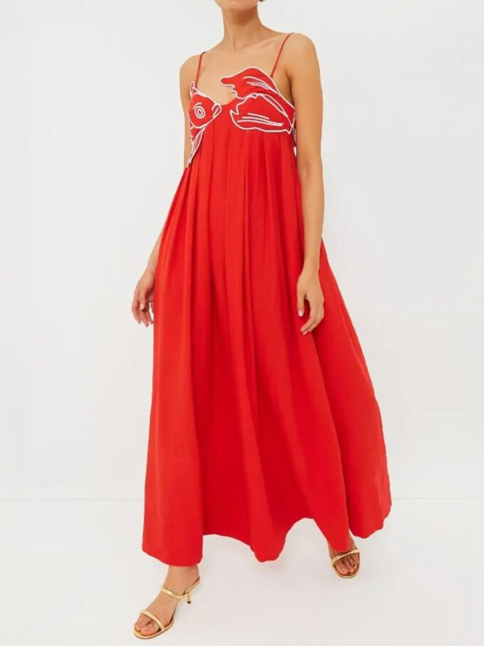 Womens Koi Fish Sleeveless Long Strap Dress High Waist 3D Fish Maxi Cami Dress – Bild 6