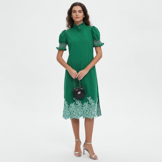 Womens Casual Shirt Dress Button Down Short Sleeve Midi Dress Flower Embroidery Slit Spring Summer Fall Fashion Dresses – Bild 4