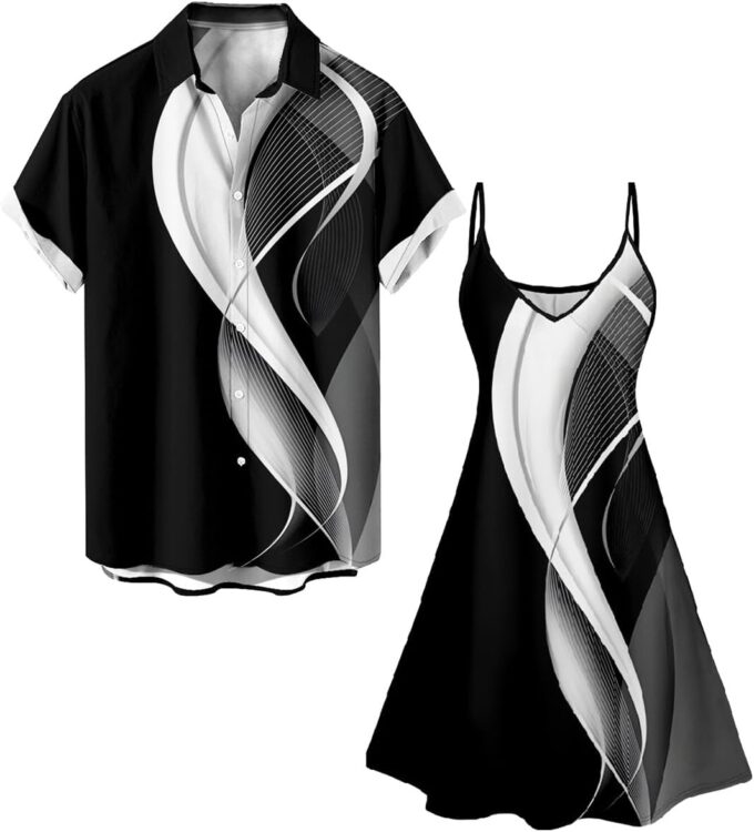 DRESSFO Matchable Couples' Outfit Elegant Curve Print Men's Shirt Or Women's Spaghetti Strap Dress – Bild 6