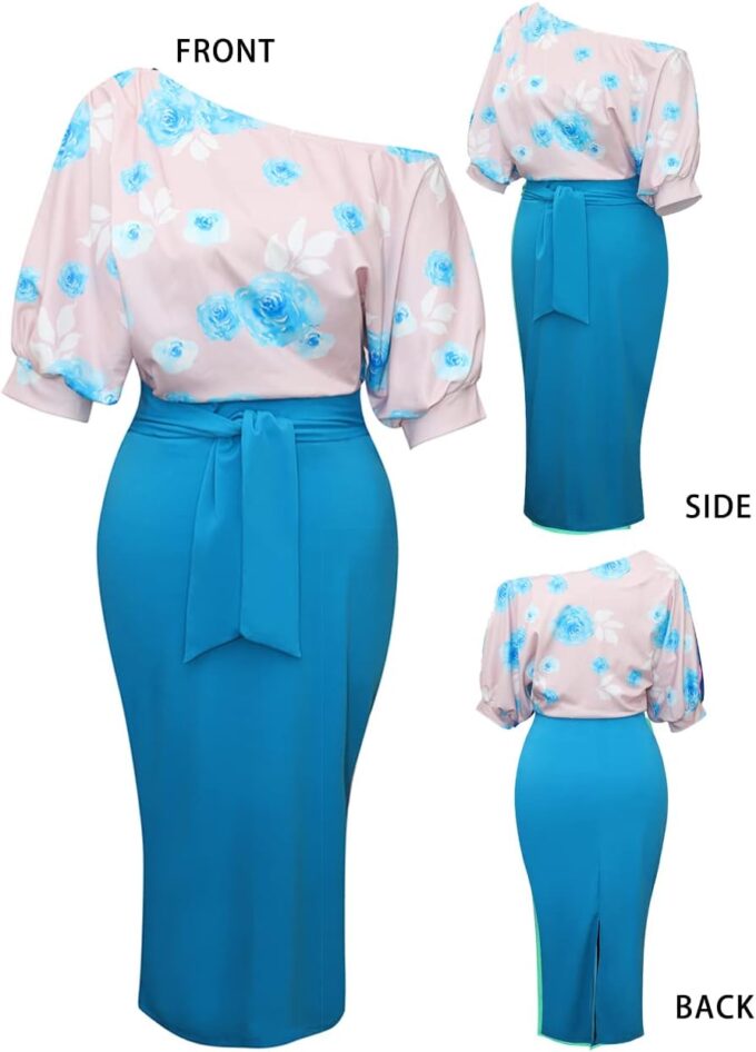 LILYIN Damen Midi-Bleistiftkleid mit Blumenmuster, schulterfrei, mit Gürtel – Bild 7