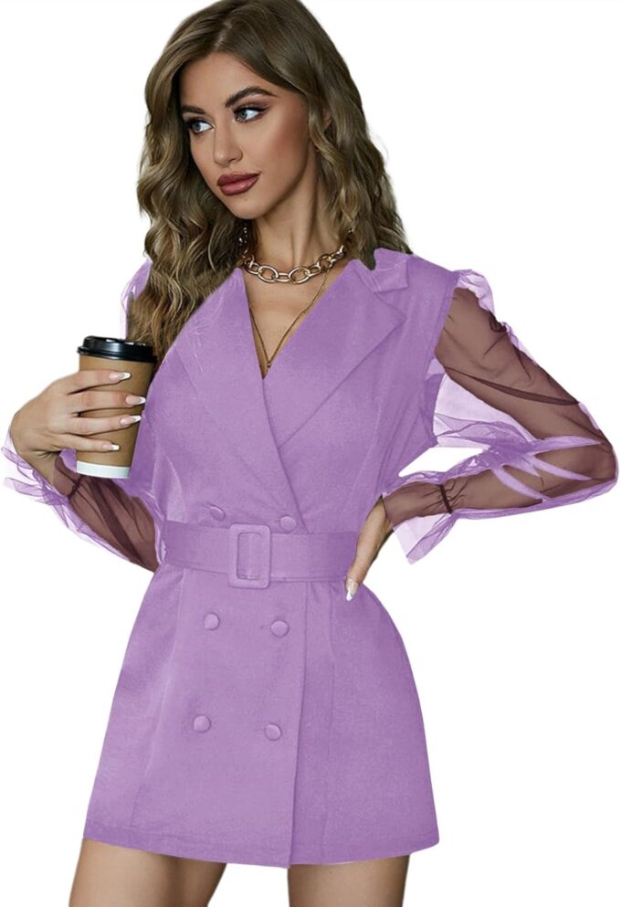 LYANER Damen Elegant Kragen V Ausschnitt Spitze Langarm Blazer Minikleid mit Gürtel – Bild 4