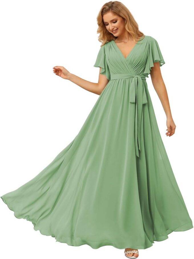 Raseal Flutter Sleeve Chiffon Bridesmaid Dress Long with Pockets V Neck Pleated Formal Dress for Women RS037