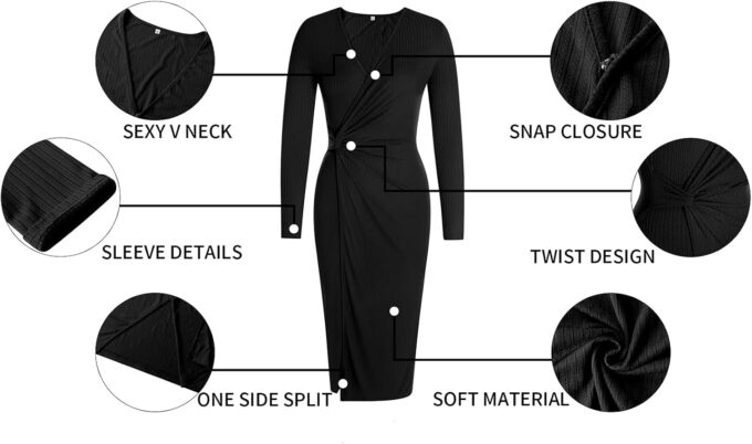 SHIBEVER Women's Long Sleeve Dress: Midi Casual V Neck Twist Waist Ribbed Knit Bodycon Slit Cocktail Party Dresses – Bild 5