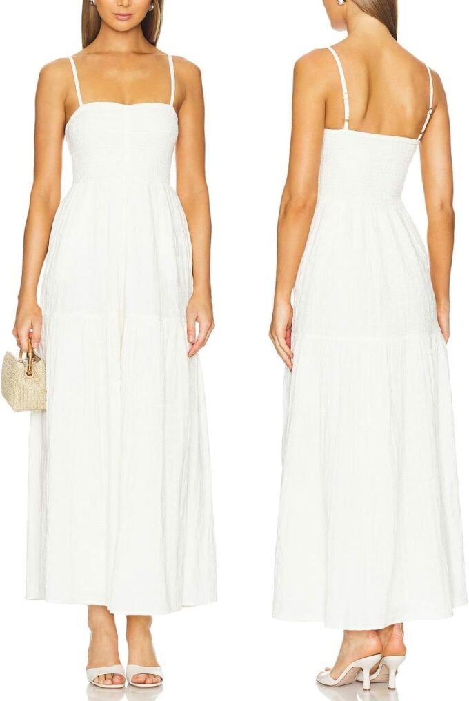 Capuffy Women's Adjustable Spaghetti Straps Smocked Maxi Dress Tiered Skirt Pleated Boho Summer Dress Long Beach Sundress 379
