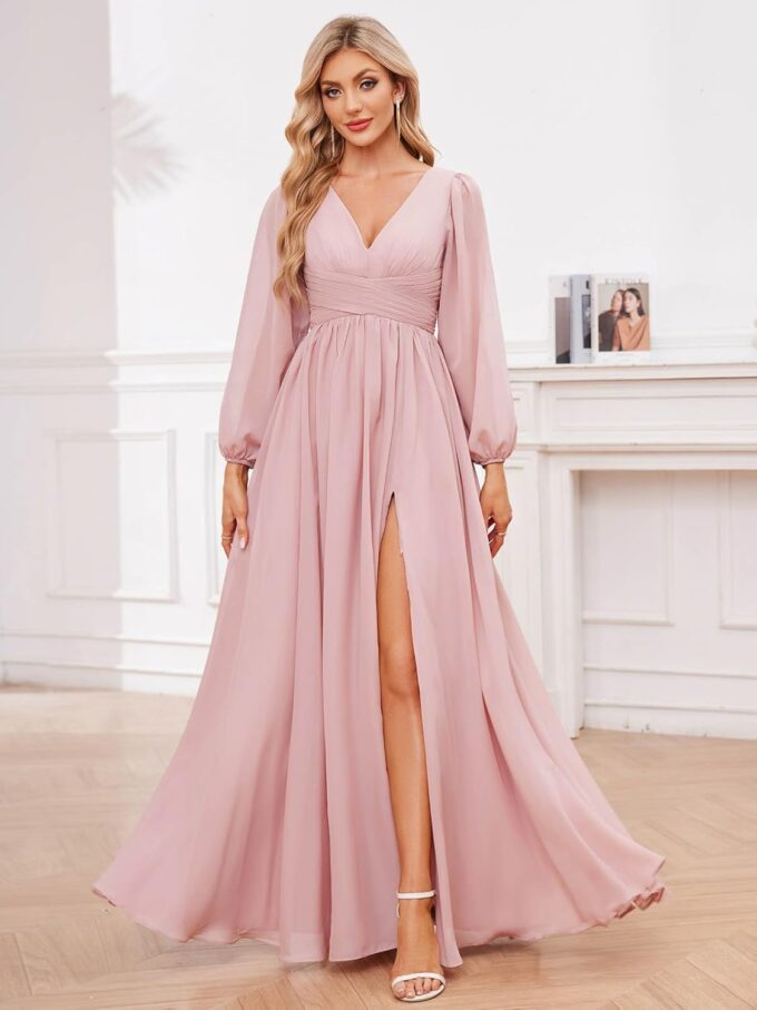 Women's Long Sleeve Bridesmaid Dresses with Slit V Neck Chiffon Ruched Formal Wedding Guest Party Dresses – Bild 6