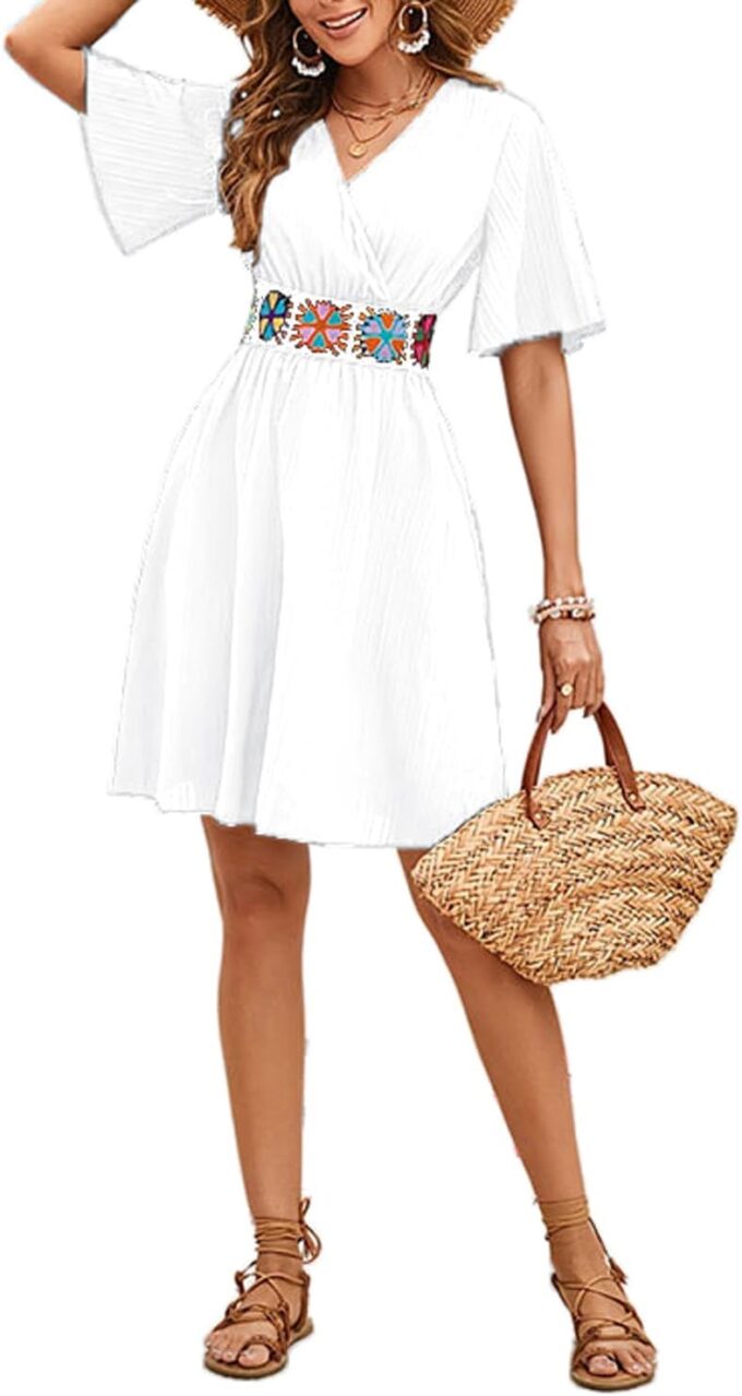 2025 Casual Short Summer Bohemian Dresses for Women Casual Flowy Puff Sleeve Knee Length Midi Sun Dress – Bild 2