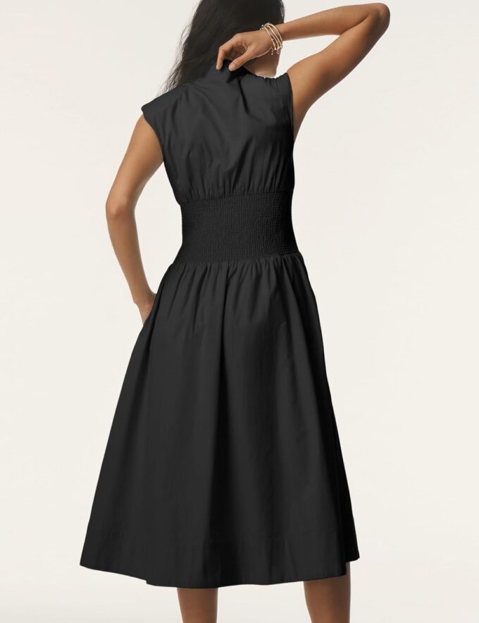Women Sleeveless Midi Dress Summer Casual V Neck Zip Front Smocked Shirt Dress with Pockets (17W-ArmyGreen-XS) – Bild 2