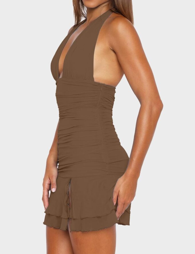 Women's Sexy Halter Bodycon Dress Deep V Neck Ruched Ruffle Hem Slit Mini Dress Sleeveless Club Party Outfits – Bild 5