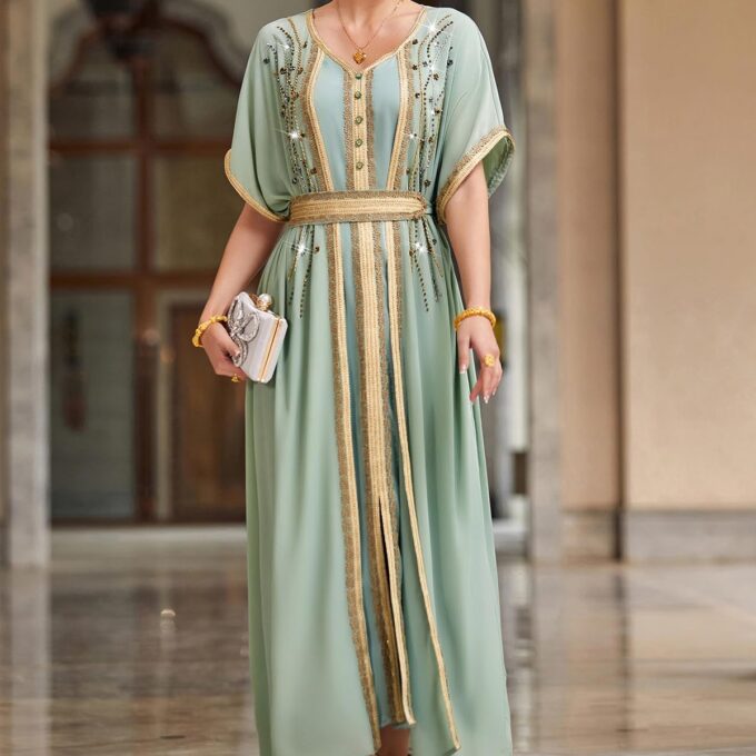 Fancy Maxi Abaya Dress Elegant Mint Green Muslim Dress with Gold Beaded Embellishments, V-Neck, Short Butterfly Sleeves – Bild 7