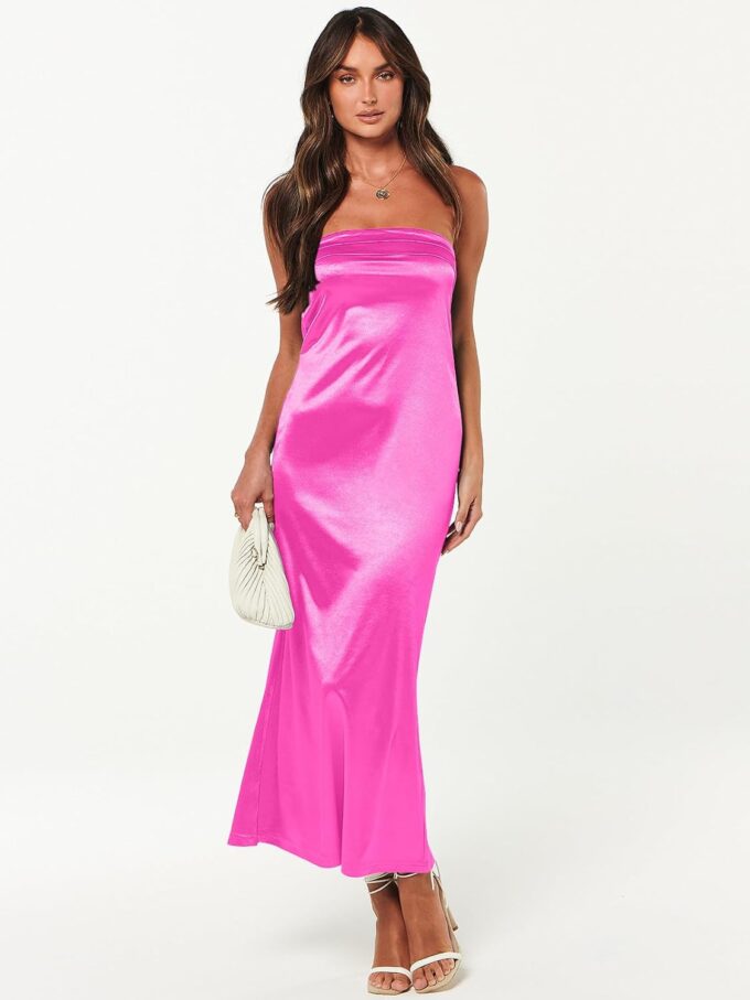 Caracilia Women's Summer Strapless Satin Tube Bodycon Backless Wedding Guest Maxi Dress 2025 Spring Formal Long Dresses – Bild 8