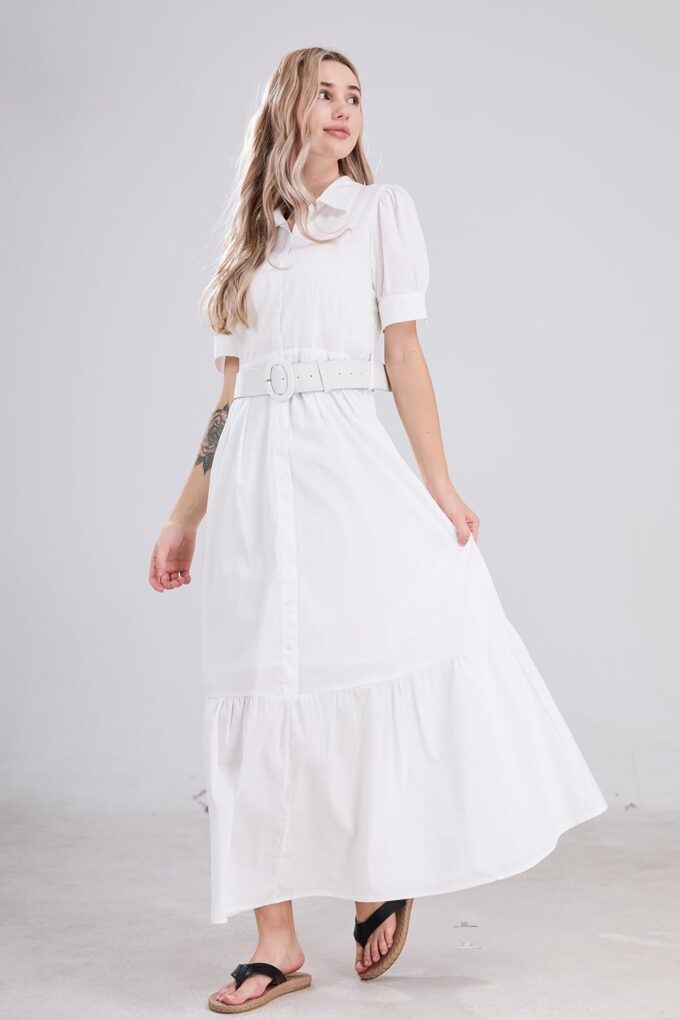 utcoco Womens Striped Button Down Shirt Dress Casual Puff Short Sleeve Ruffle Hem Maxi Dresses with Belt – Bild 3