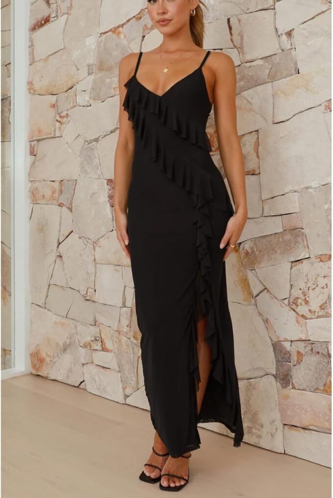 Women's Sexy V Neck Maxi Dress Backless Bodycon Spaghetti Strap Mesh Ruffle High Slit Cocktail Party Formal Dresses – Bild 4