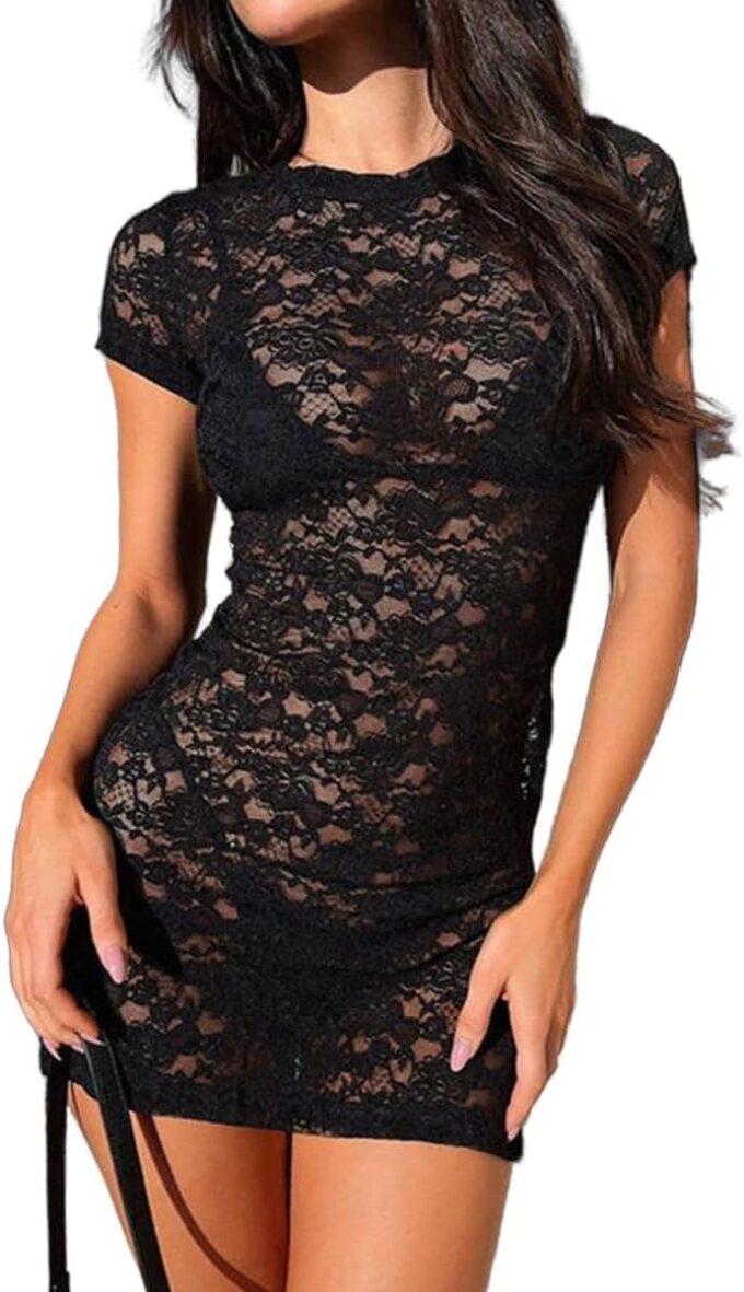 LOFAAC Women Sexy See Through Floral Lace Bodycon Mini Dress Crew Neck Short Sleeve Side Slit Cocktail Party Club Dress