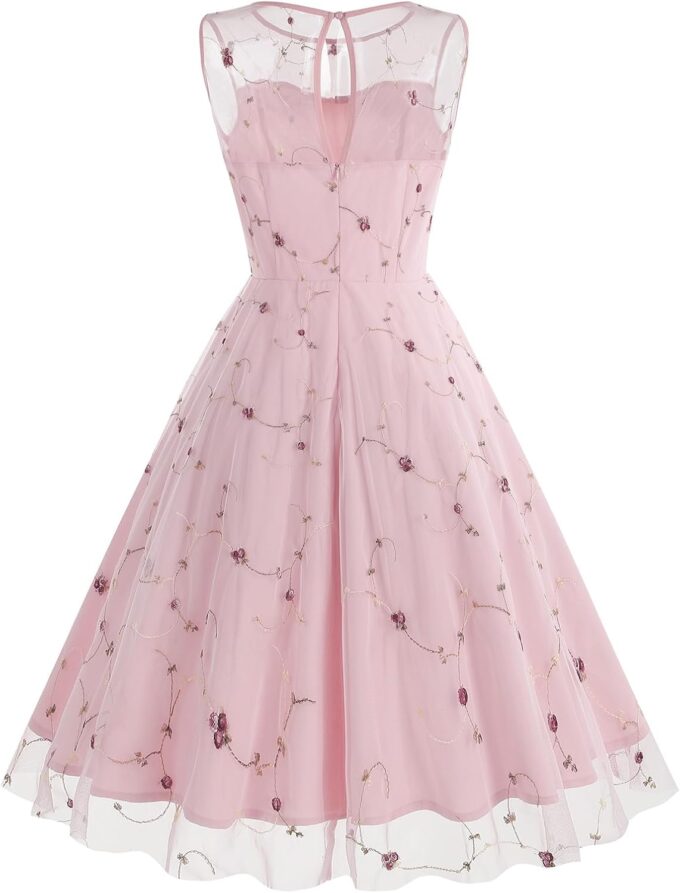 1950s Dresses for Women Vintage Floral Embroidery Mesh Dress Sleeveless Round Neck Swing Dress – Bild 2