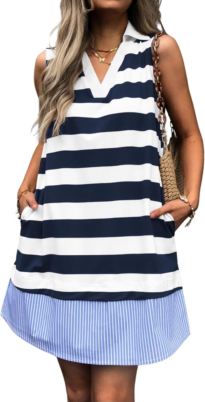 Women Summer Tunic Dress V Neck Sleeveless Striped Casual Sundress Loose Flowy Swing Shift Dress with Pockets