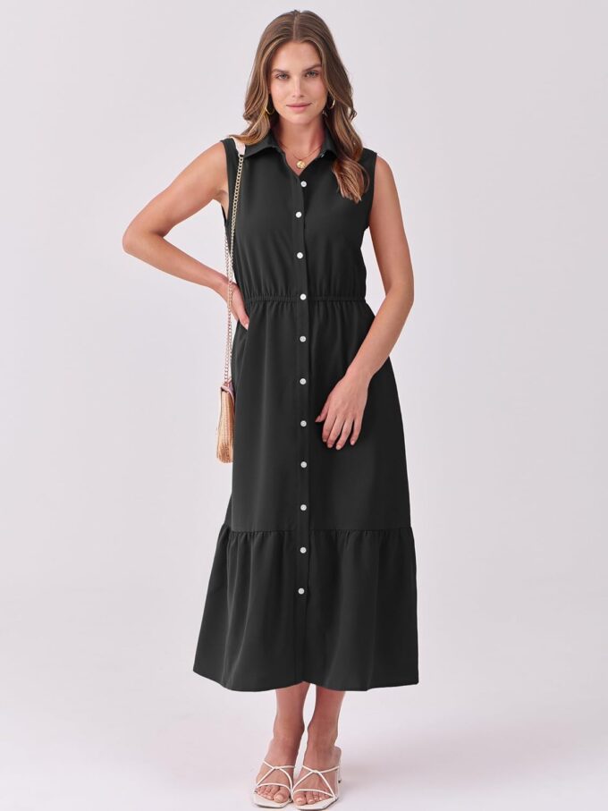 ANRABESS Womens Summer Button Down Maxi Shirt Dress Sleeveless Collared Tiered Work Dresses Beach Sundress with Pockets – Bild 6