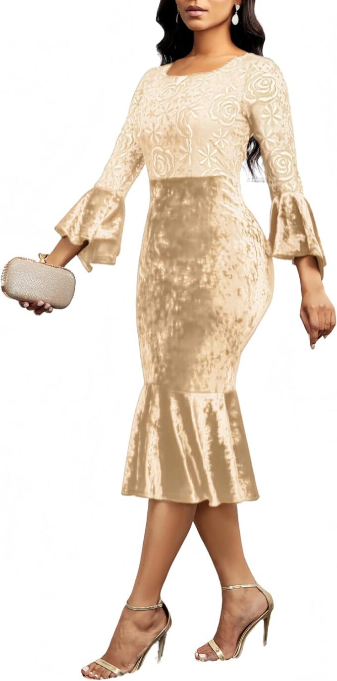 Midi Lace Dress for Women Sexy Bodycon Fishtail Dress Elegance Cocktail Party Banquet Church Outfits – Bild 6