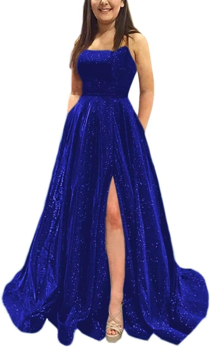 yinyyinhs Glitter Satin Prom Dresses for Women 2025 Spaghetti Straps A-Line Slit Evening Formal Ball Gowns with Pockets
