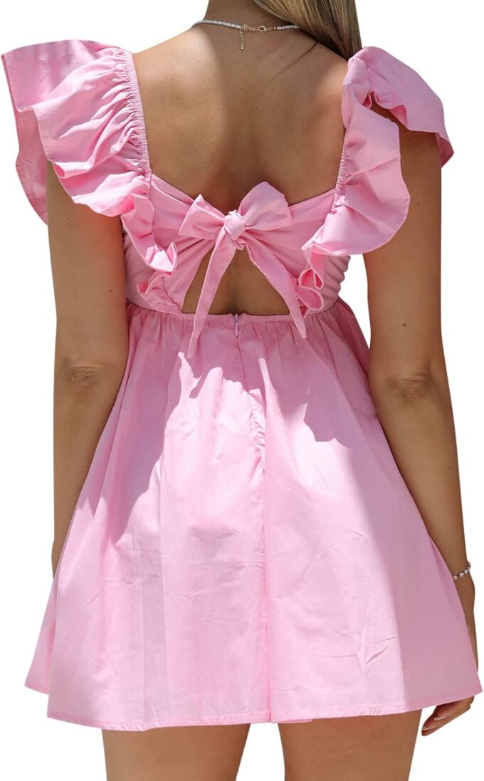 hibshaby Womens Sexy Deep V Neck Ruffle Sleeve Mini Dress Backless Lace Up Summer Dresses – Bild 2