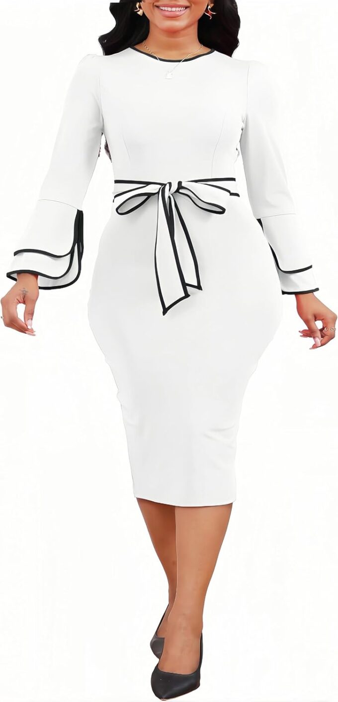 Women's Business Pencil Dresses Elegant Fitted Ruffle Sleeves Knee Length Dress Sexy Bodycon Suit. – Bild 4