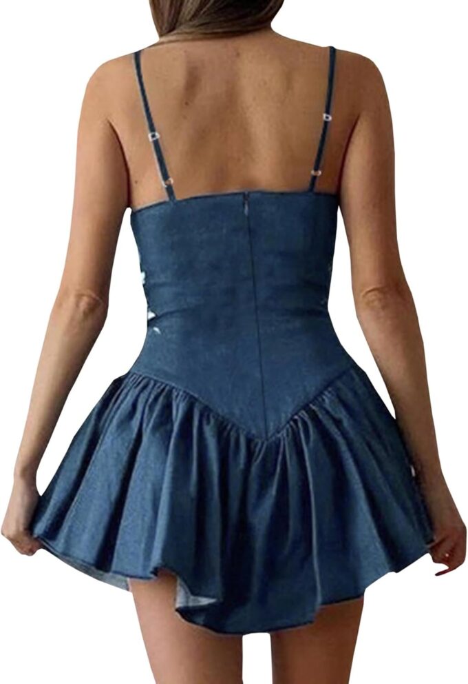 Sexyshine Women's Spaghetti Strap Tube Top Flared Denim Mini Dress A-Line Backless Ruffle Hem Pleated Skater Jeans Dresses – Bild 2