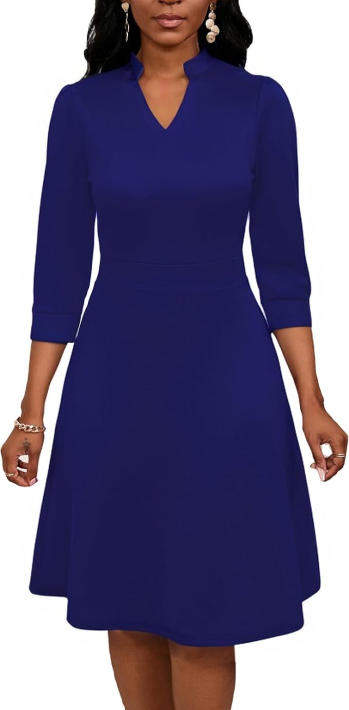 PerZeal Women's Casual Flowy A-Line Midi Dress Flared V-Neck Colorblock Print for Wedding Guest 3/4 Sleeve Dress with Belt