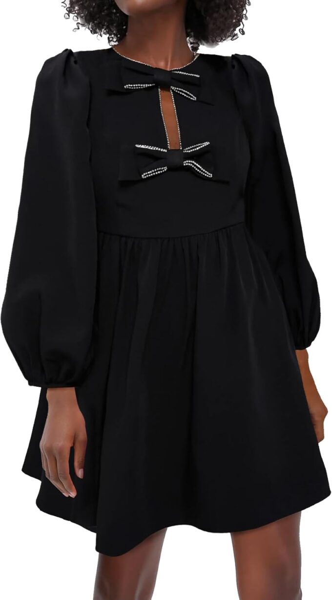 Women's Bow Neck Mini Dresses A Line Rhinestone Short Dress Long Sleeves Flowy Summer Babydoll Dress