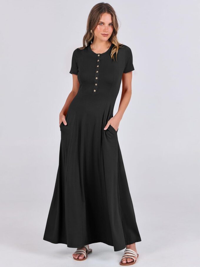 ANRABESS Women Summer Maxi Dress 2025 Casual Short Sleeve Button Fit & Flare A-Line Flowy Spring Long Dresses with Pockets – Bild 2
