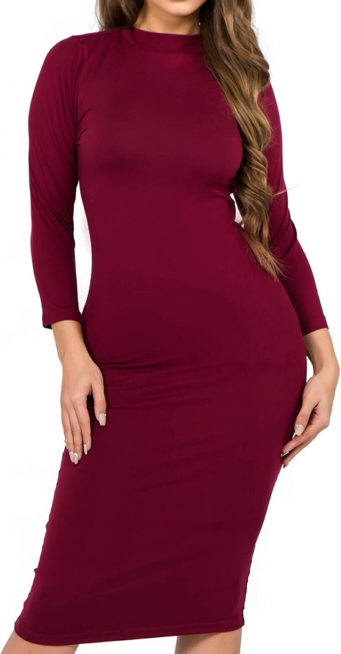 ICONOFLASH Damen 3/4 Ärmel Bodycon Midikleid Rundhals Enganliegendes Kleider mit Übergröße Optionen