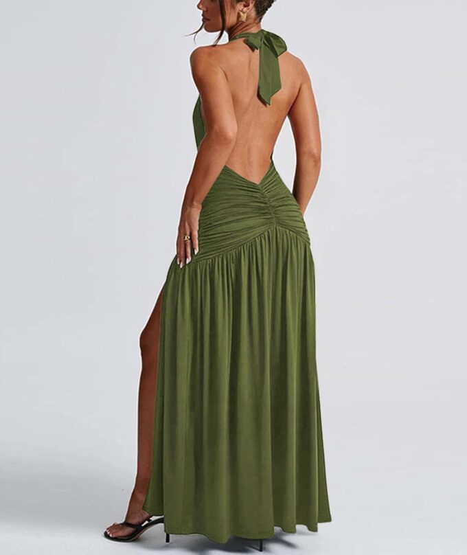 Ekaliy Women's Sexy Halter Deep V Neck Maxi Dress Sleeveless Backless High Slit Ruched Long Dress Summer Party Cocktail Dress – Bild 2