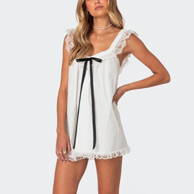 Women Y2K Lace Trim Slip Dress Casual Bow Tie Pleated Ruffle Tunic Dress Summer Outgoing Solid Color Short Sundress – Bild 3