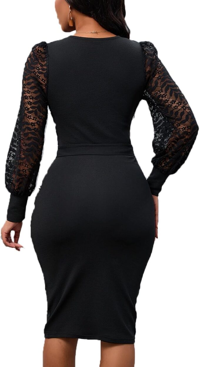 Womens Sexy Wrap V Neck Lantern Lace Long Sleeve Bodycon Midi Dress Semi Formal Cocktail Party Dresses – Bild 2
