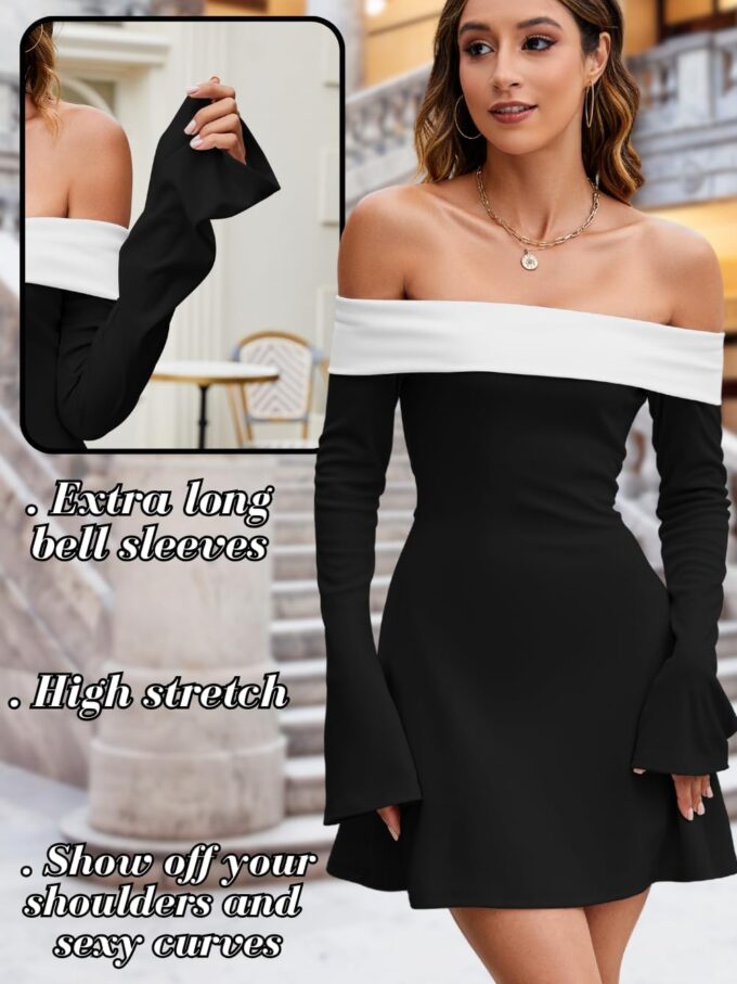 Off The Shoulder Bell Sleeve Corset Dress, Color Block Folded Neck, Cocktail Semi Formal HOCO Dresses for Women – Bild 4