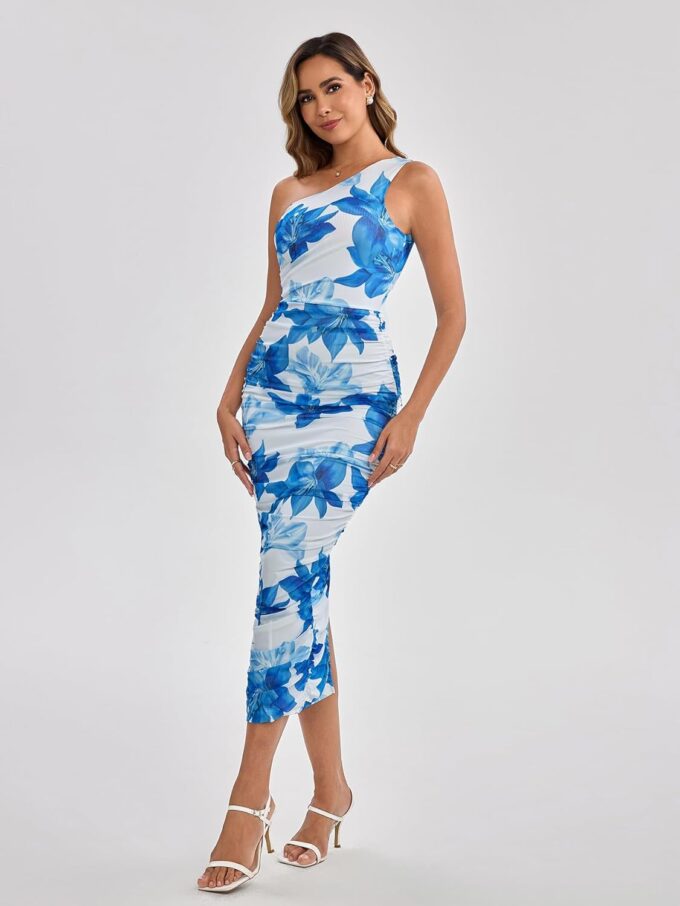 Floral One Shoulder Midi Dress for Women Summer Bodycon Ruched Cocktail Wedding Guest Dress – Bild 4