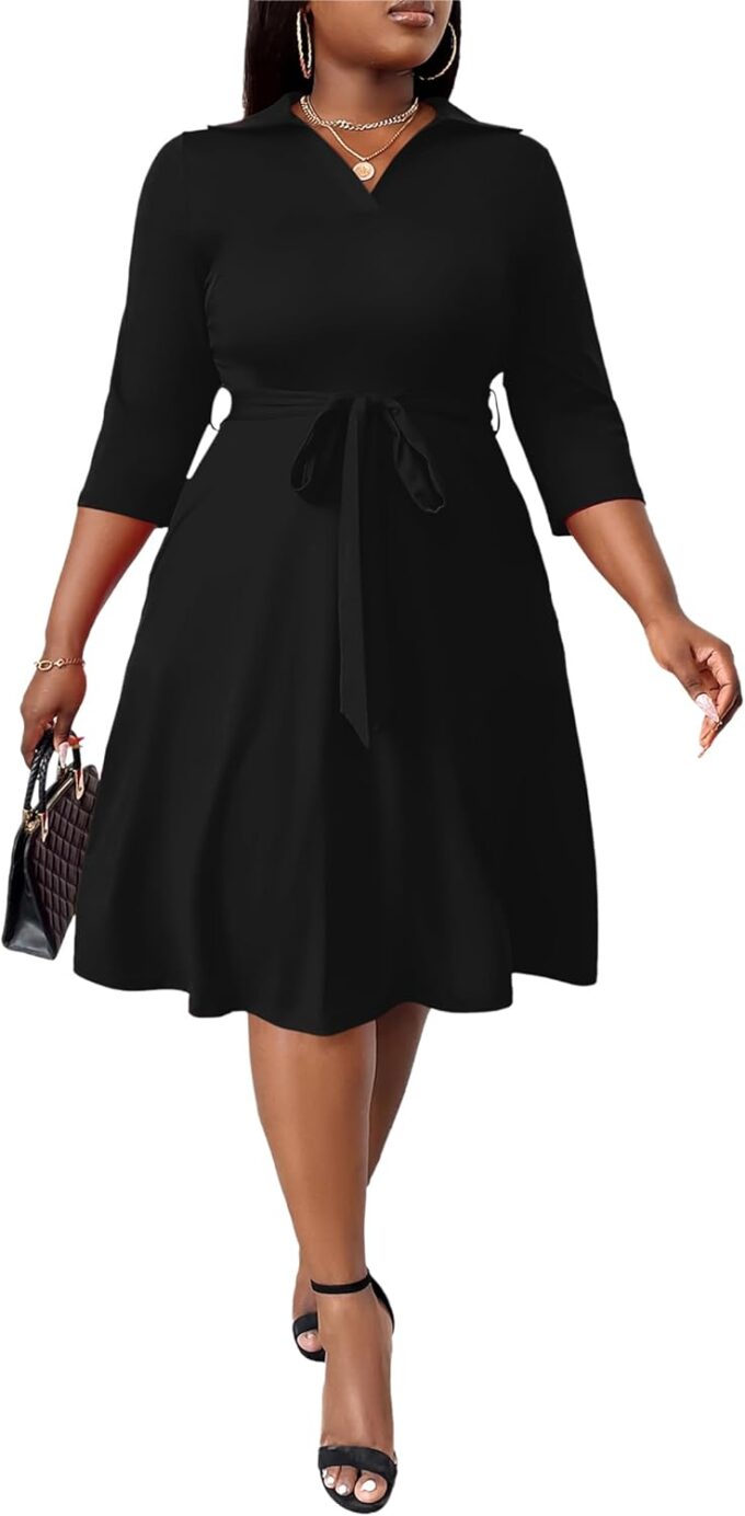 FANDEE Plus Size Midi Dress for Women - Printing Summer Dresses for Wedding Guest Cocktail Party 3/4 Sleeve V Neck（XL-5XL） – Bild 2