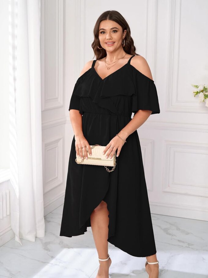 Womens Plus Size Cold Shoulder Dress Short Sleeve Ruffle Summer Sundress High Low Flowy Maxi Long Dresses – Bild 2