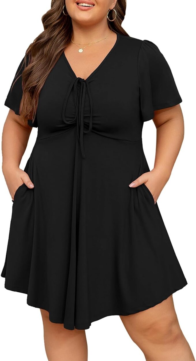 Women's Plus Size Dresses Casual Flowy Dress with Pocket Short Ruffle Sleeve V Neck Drawstring Bow Summer