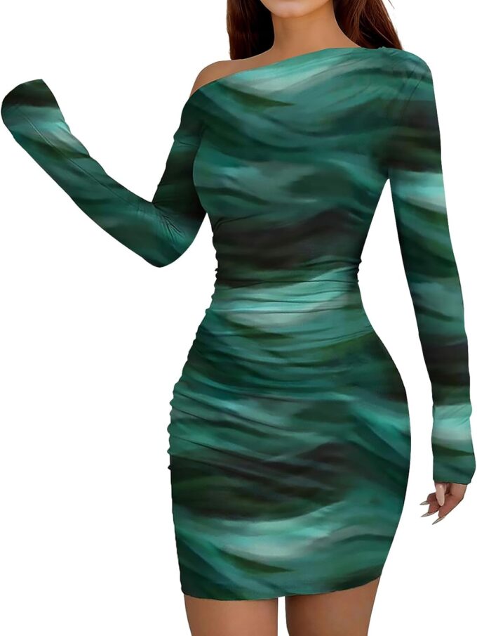 Women's Long Sleeve Bodycon Mini Dress Tie Dye Print Slim Fit Asymmetrical Neck Elegant Formal Ruched Short Dresses – Bild 3