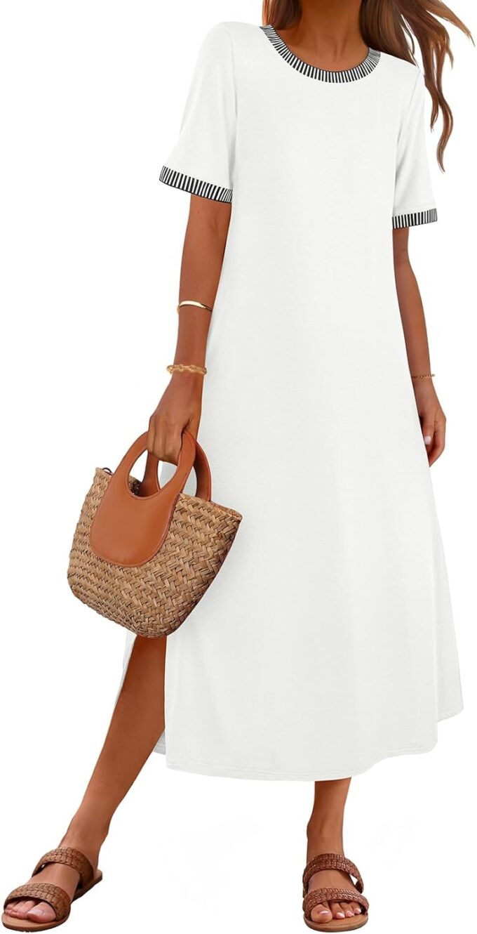 MEROKEETY Women's 2025 Summer Casual Maxi Dress Spring Beach Vacation Short Sleeve Crewneck Split Midi T Shirt Dresses – Bild 2